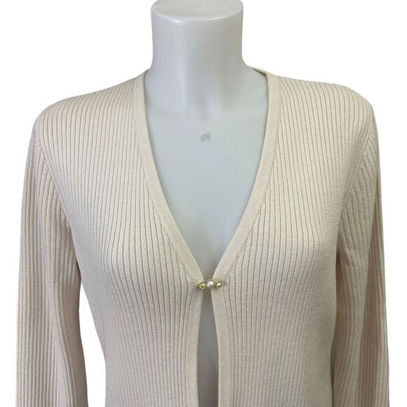 St. John Sport Ribbed Knit Wool Blend Cardigan with Faux Pearl Trims sz Small - Picture 2 of 10